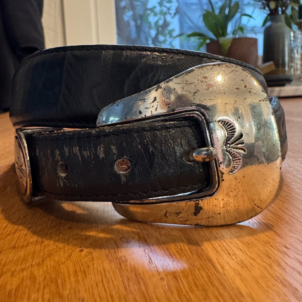 Vintage black leather belt with silver buckle and hardware